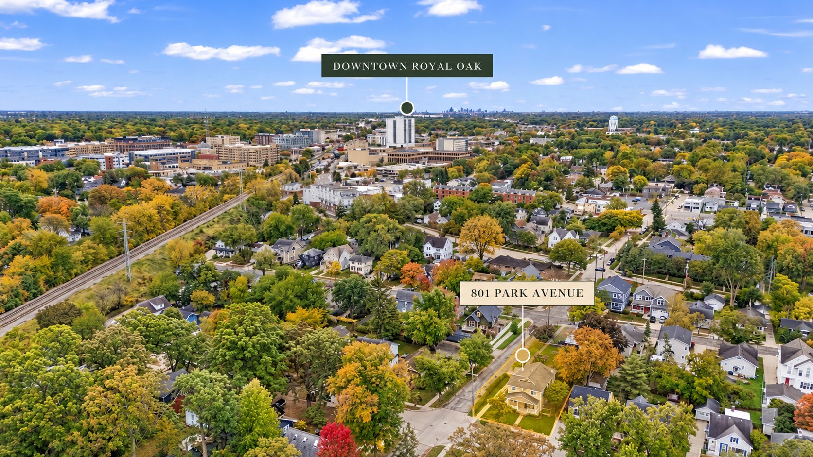 Actual annotated aerial showing 801 Park Avenue and downtown Royal Oak