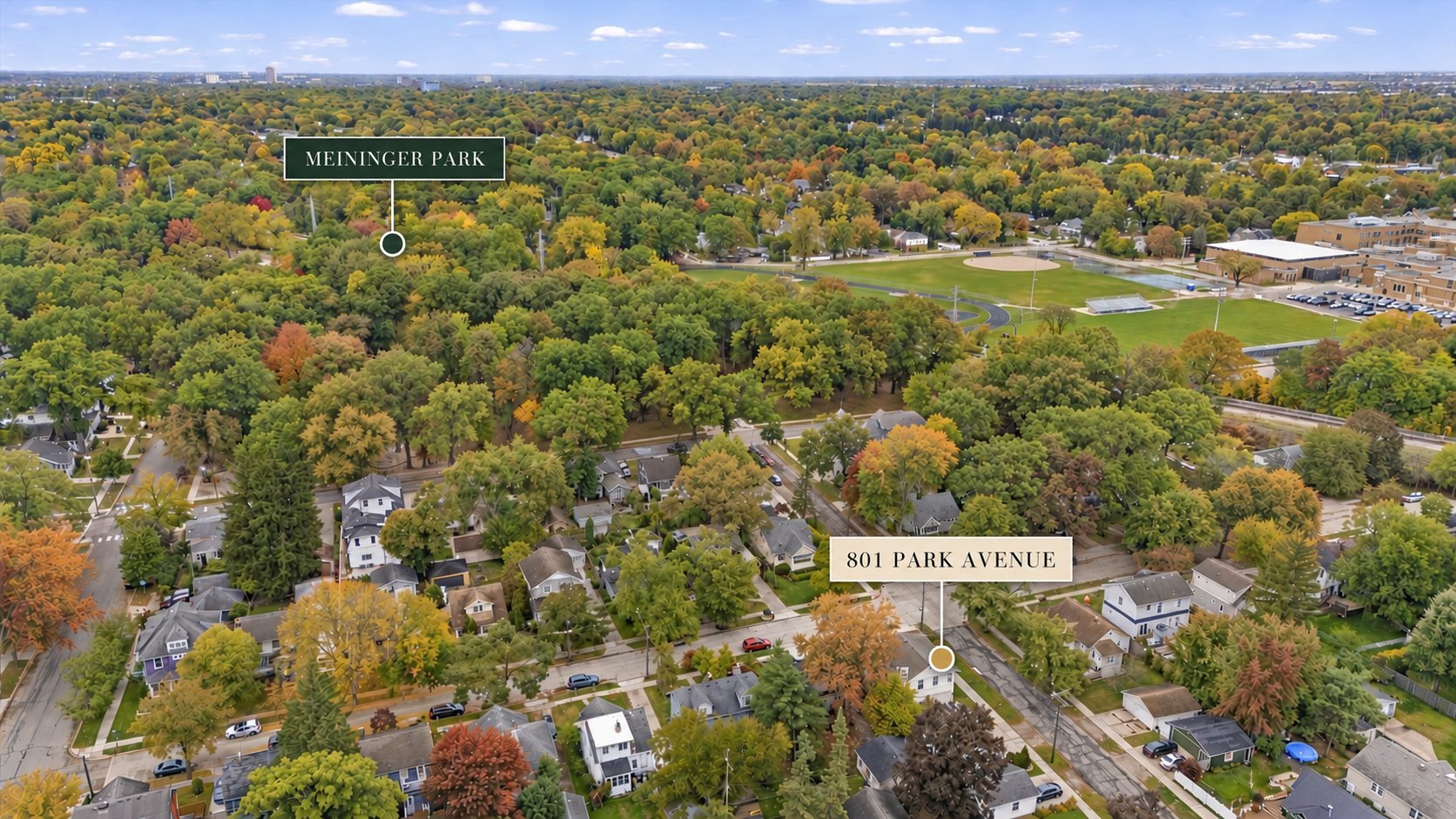 Actual annotated aerial showing 801 Park Avenue and Meininger Park